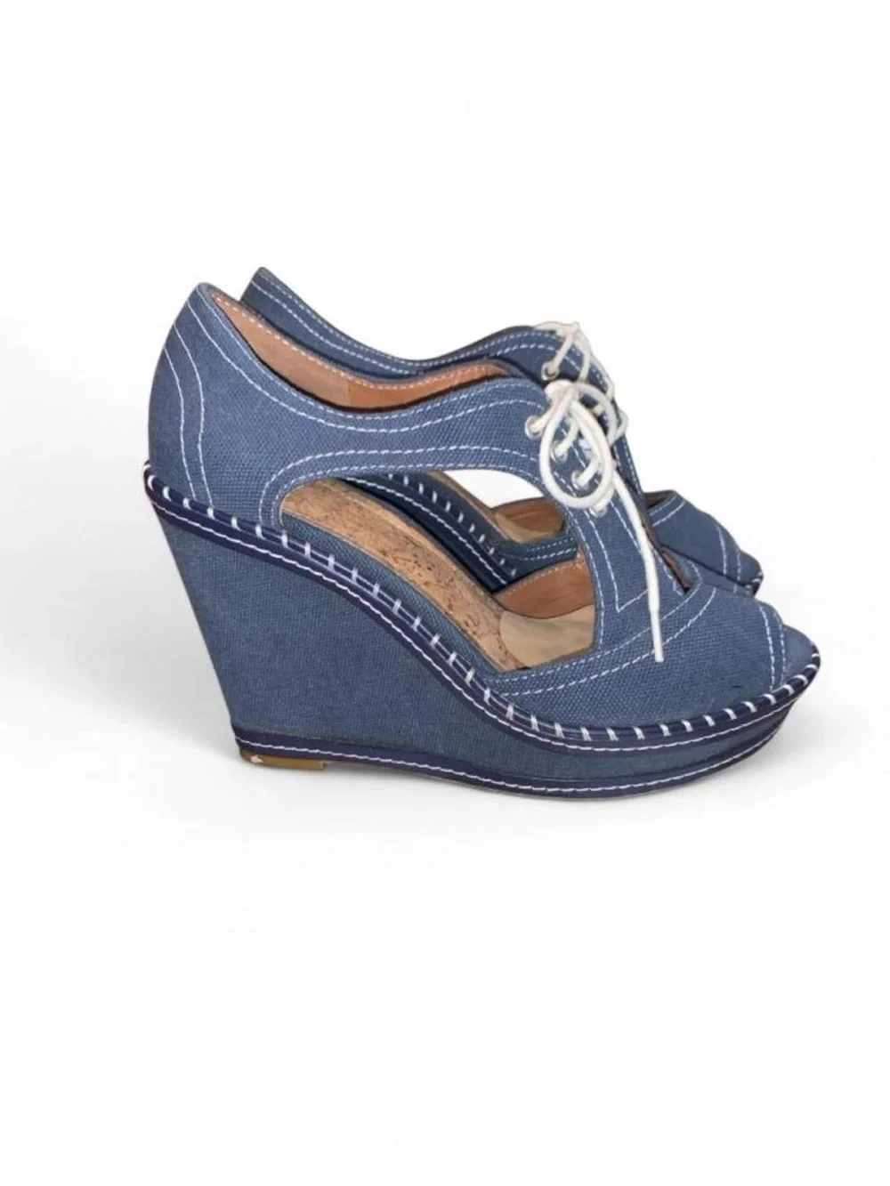 Women's Blue Denim Lace-Up Wedge Sandals